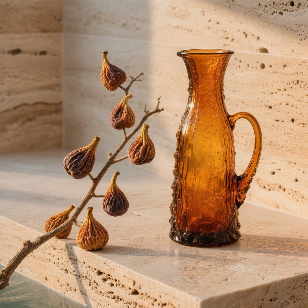 Amber glass carafe on a travertine ledge beside a dried fig branch, generated with Hunyuan Image 3.0, not with Hy Image 3.5