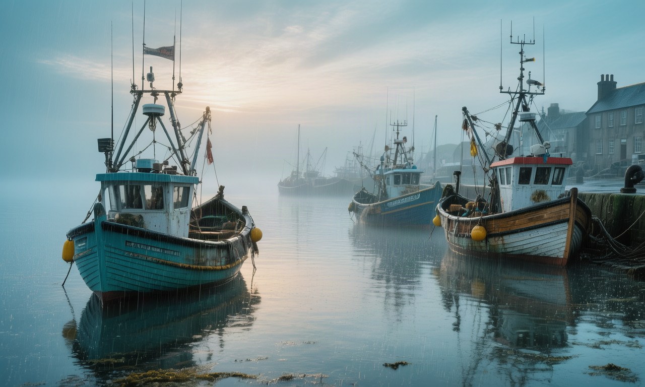 Misty harbour at dawn with moored fishing boats, generated with Hunyuan Image 3.0, not with Hy Image 3.5