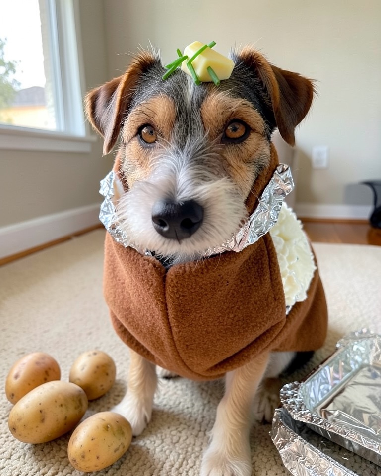 Grey and white terrier mix wearing a plush baked potato costume in silver foil with sour cream and chives on top