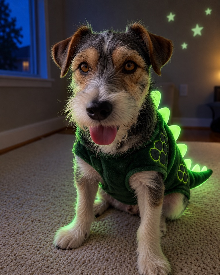 Terrier mix in a dark green dinosaur coat with softly glowing lime spikes in a dim evening room