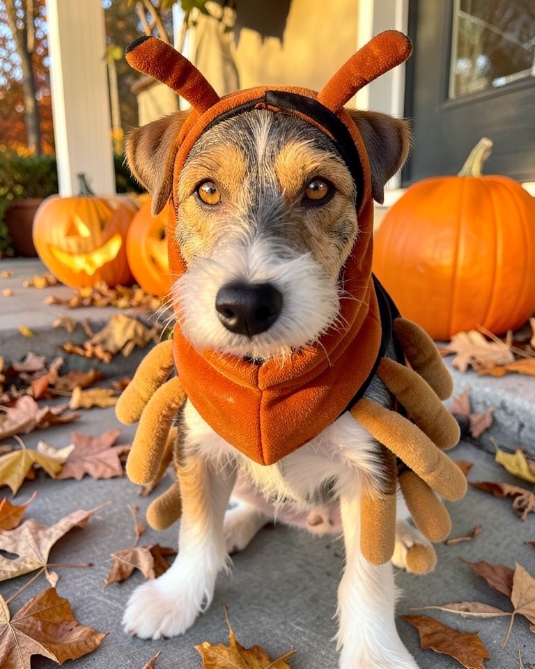 Terrier mix on an autumn porch wearing a segmented rust and black centipede costume with rows of plush legs