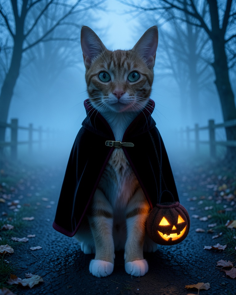 Ginger tabby cat in a tall-collared black cape with a small glowing felt pumpkin bag on a misty lane at dusk