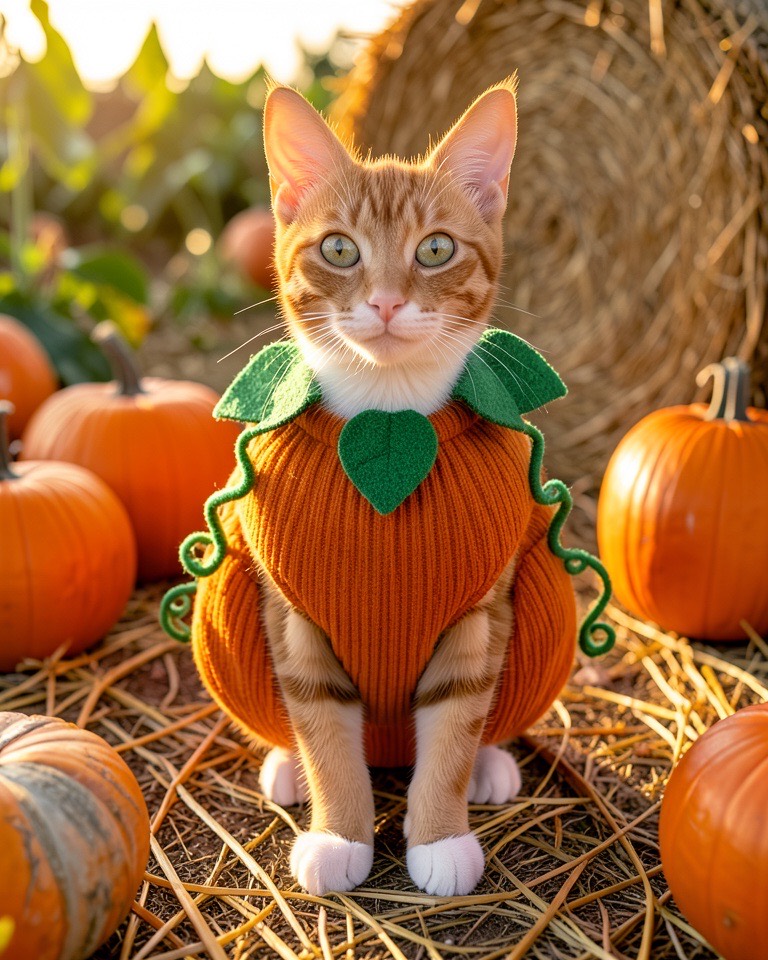 Ginger tabby cat in a round orange pumpkin costume with a green leaf collar sitting in a pumpkin patch at golden hour