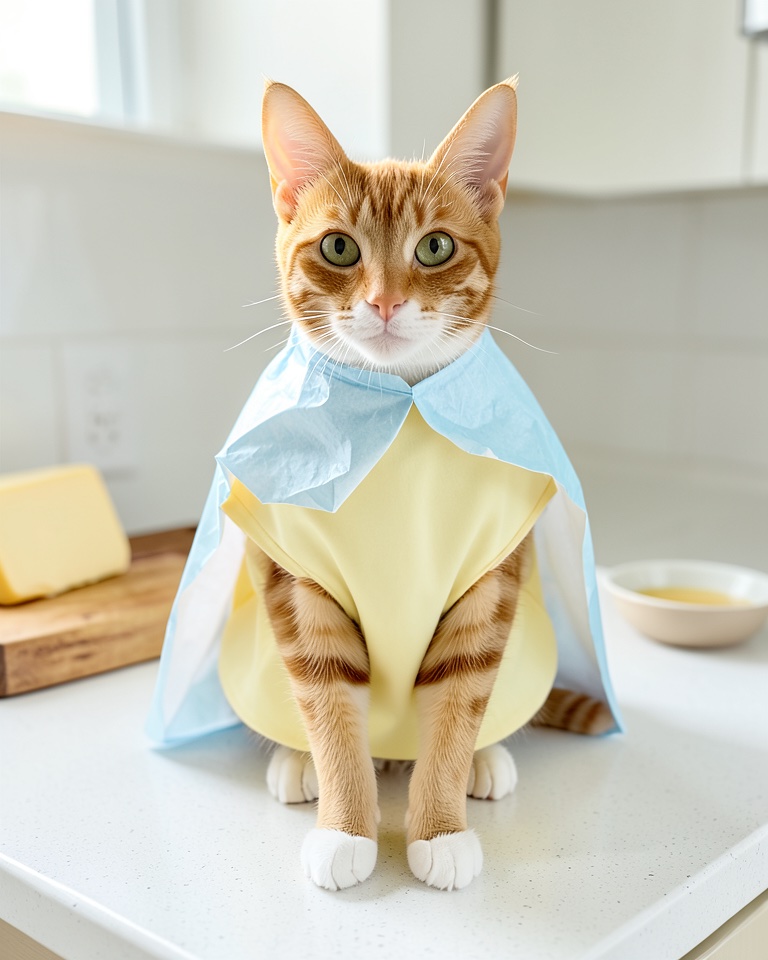 Ginger tabby cat wearing a soft yellow stick-of-butter costume with a half-peeled paper wrapper